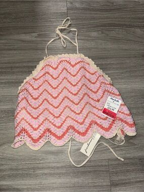 Pink Chevron Crochet Halter Crop Top with Cream Trim